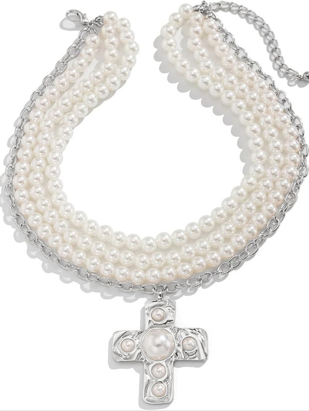 Layered Chunky Hammered Cross Pendant Beaded Pearl Necklace
